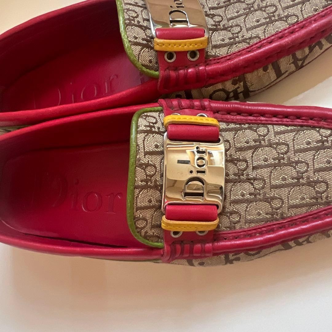 Dior Loafers Red Beige Canvas Leather Size 23cm with Metal Buckle thumbnail 2