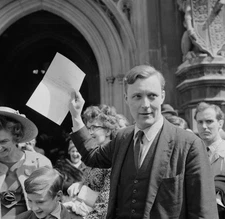 British Labour politician Tony Benn holding up certificate of ele- 1961 Photo