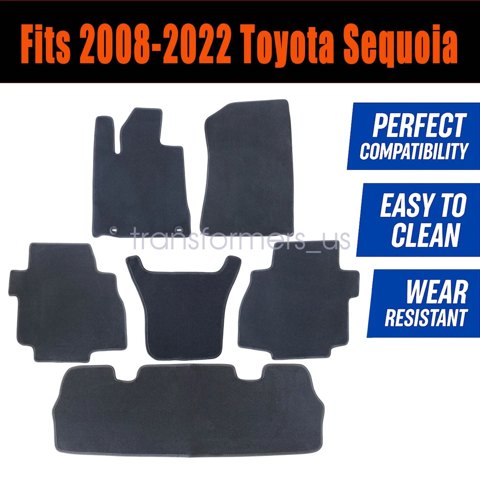 For 2008 2009 2010-2022 Toyota Sequoia Front & Rear Floor Mats Carpet Black 6PCS - Image 2 of 4