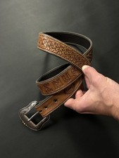Vintage 70s Hand Tooled Leather Name Belt Handmade Albuquerque Western 30 -32in