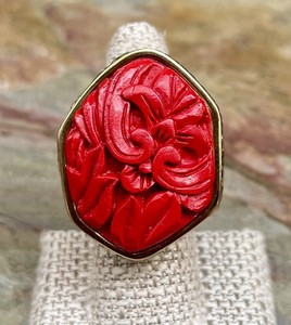 Barse NWT Red Carved Resin Bronze Huge Statement Ring Size 7.5