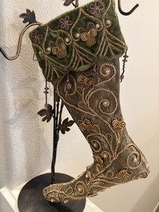 Vtg Katherine's Collection Victorian Stocking~12"~Christmas Decor Beaded Pansies