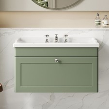 Nuie Classique Wall Hung Vanity Unit & Basin 800mm Satin Green - 3 Tap Hole