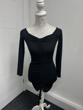 Prettylittlething Bodycon Mini Dress UK 8 Black Long Sleeve Pull String Party
