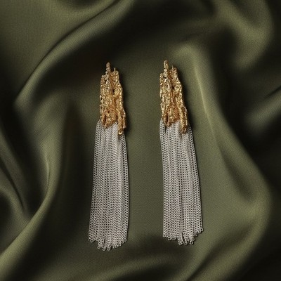 Gold Earrrings Alexis Bittar STYLE Stud Silver Chain Tassel Fringe Molten Nugget