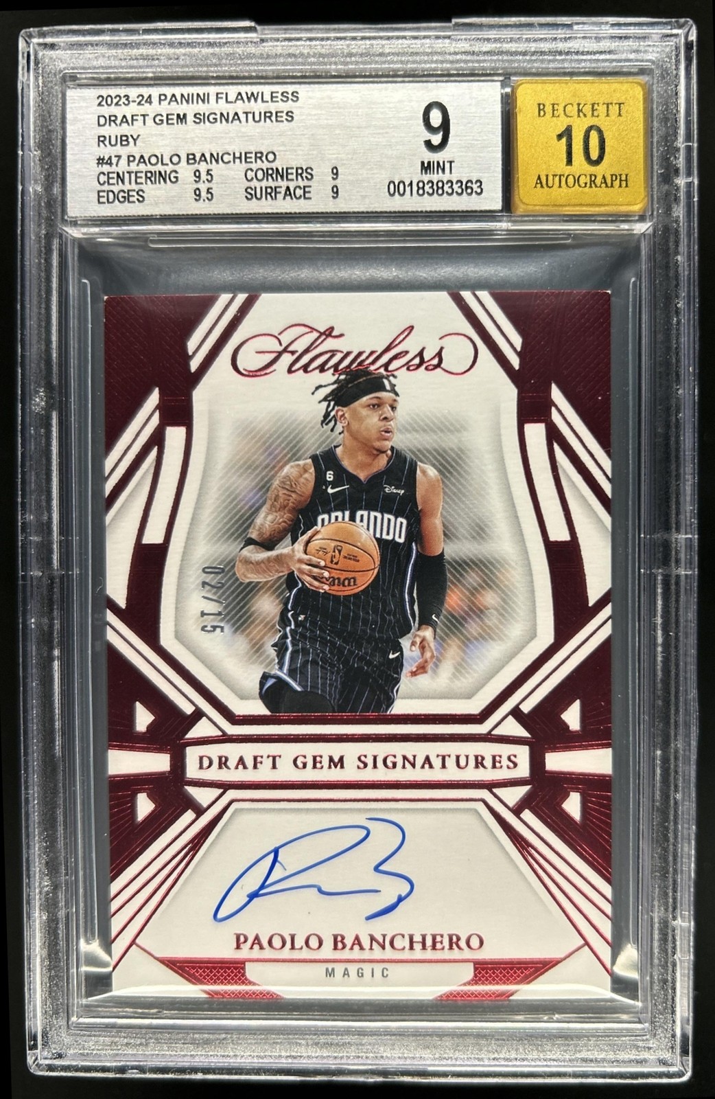 2023-24 Panini Flawless Paolo Banchero Draft Gem Signatures Ruby Auto #/15 BGS 9
