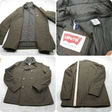Levis Pea Coat Mens Medium Green Pockets Quilt Liner Double Breasted Wool Blend