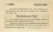 Hamburg P. Beiersdorf 100 Tausend Mark 1923 sehr leicht gebraucht