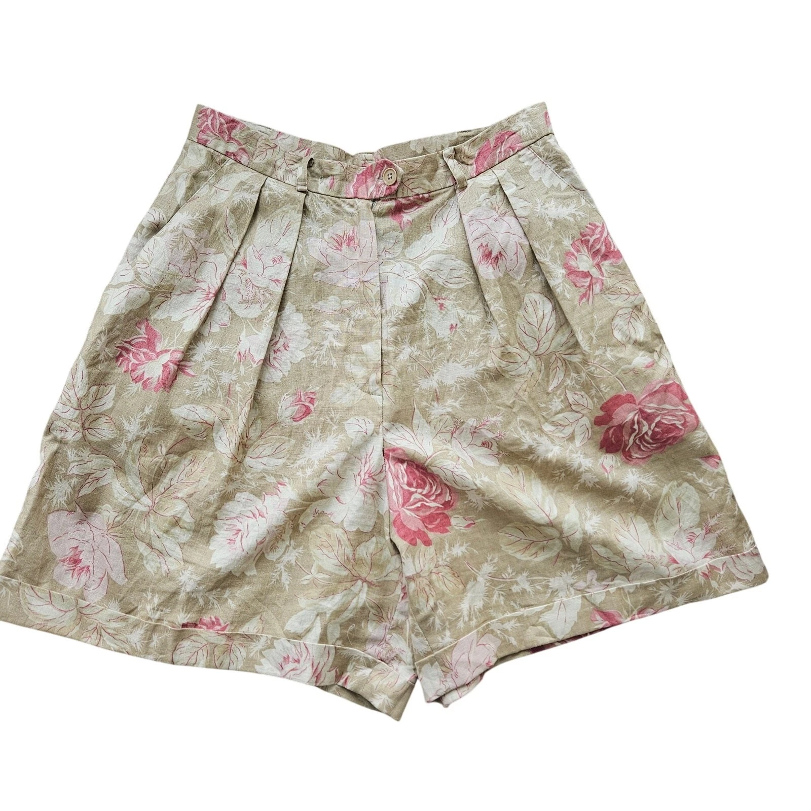 Lauren Ralph Lauren Linen Floral Shorts 10P Sage Pink Pleated High Rise