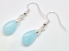 LIGHT BLUE TEARDROP SILVER PLATED HOOK EARRINGS  3.5CM DROP E443