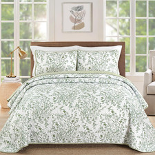 Quilt King Size, Sage Green Quilt Bedding Set with 2 Pillowcases, Botanical Quil