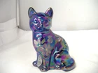 Fenton Art Glass Iridescent Cobalt Carnival Glass Sitting Cat Figurine - Signed
