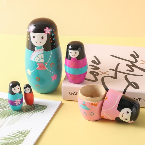 5Pcs/Set Japanese Girl Girls Russian Doll Wooden Stacking Dolls Xmas - Picture 4 of 11