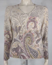 Charter Club ivory paisley 100% Cashmere 2-ply pullover sweater ladies Large