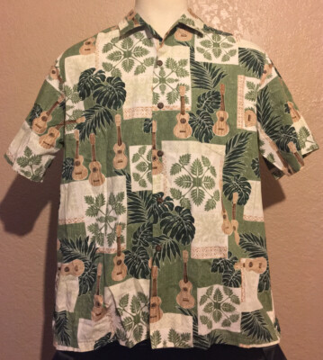 MD Fashion Men's XL Green Guitar Pineapple Hawaiian Aloha Shirt Made in Hawaii