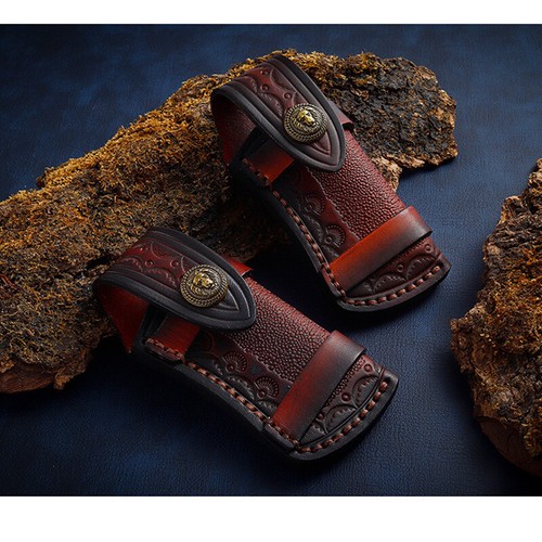 Hand Made Carved Cow Leather Sheath For 4.7" Folding Knife Cover Pouch Belt Clip - Picture 3 of 12