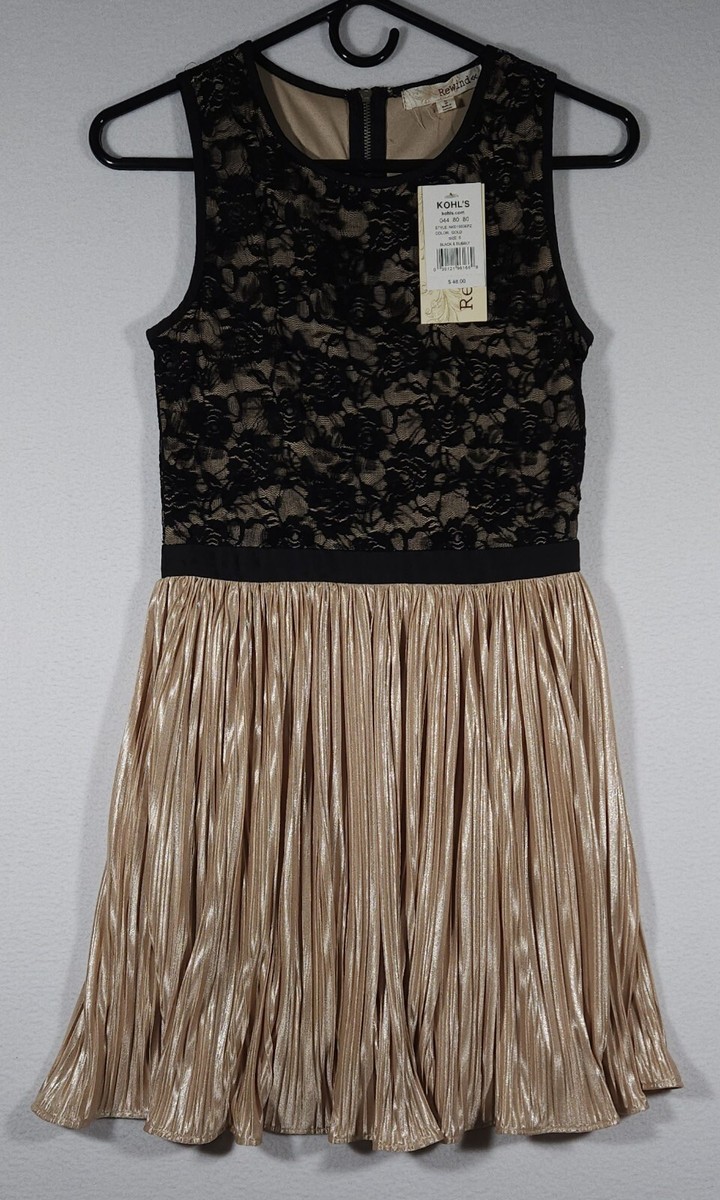 Rewind Black Lace Over Gold Pleated Skirt Dress Womens Size Small Black &  Bubbly