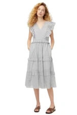 J. Crew Ruffle Sleeve Cotton Voile Midi Dress Size L Striped Gray V Neck Cottage