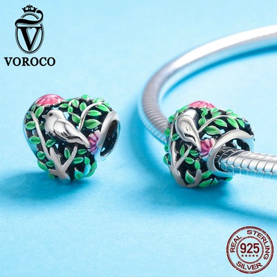VOROCO 925 Sterling Silver Heart Charm Bead - Engraved Flowers, Trees, Birds, With Zircon Stones