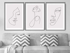 Set of 3 Prints - Silver Effect - Line Art Female Faces Grey Pictures Wall Art