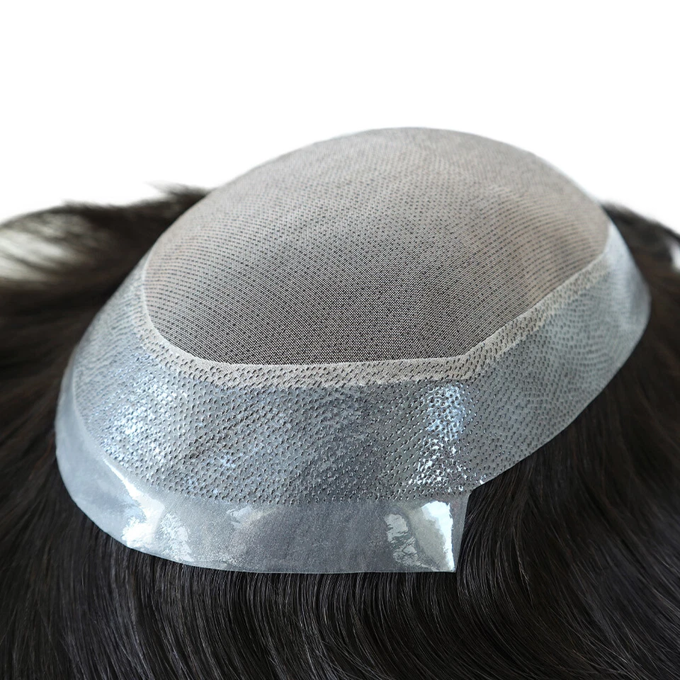 Toupee Para Hombres Cabello Humano Fino Mono Sistema de Reemplazo Pelos Lactos Negro Foto 3 de 4
