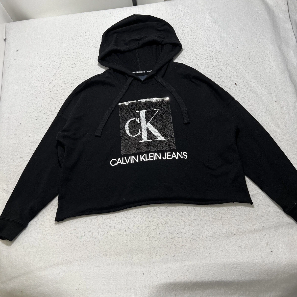 Calvin Klein Womenu0026#039;s XL Sequin Black + White Logo Long Sleeve Pullover  Hoodie | eBay