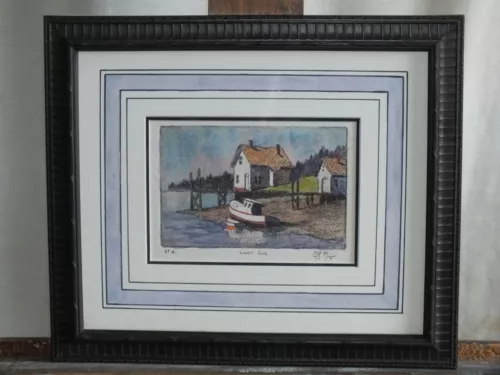 FRAMED SIGNED ETCHING W/ AQUATINT "LOWELL COVE" BY MAINE ARTIST ERIK MINZNER