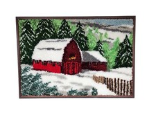 Vintage Handmade Custom Framed Winter Barn Latch Hook Picture Herrschners 42x29