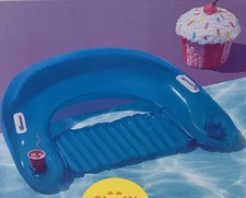 NEW Sun Squad Inflatable Lounge Chair With 2 Built In Cup Holders 4ft Long Blue