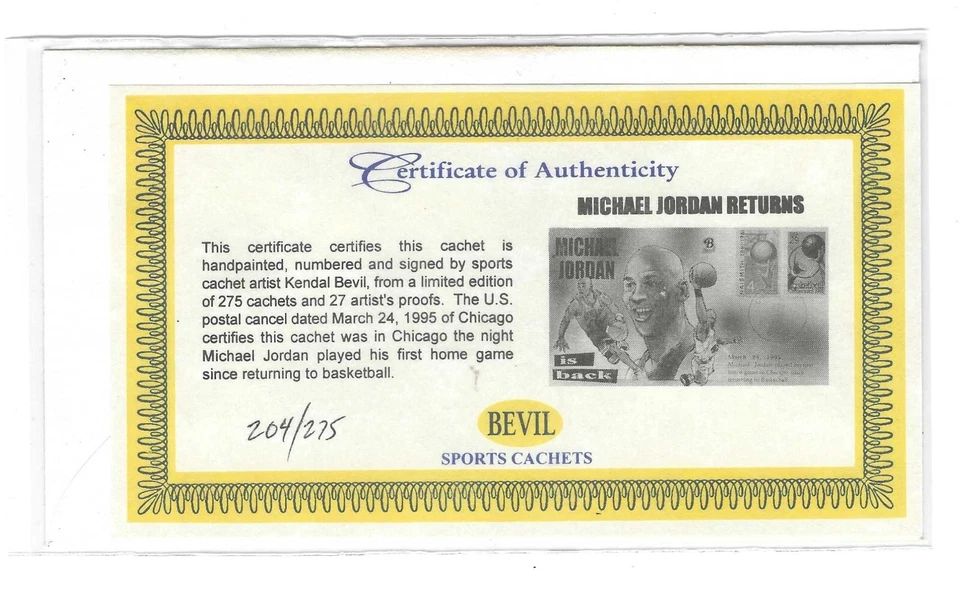 US 1995 MICHAEL JORDAN HAND COLDRED CACHET SIGNED BY THE ARTIST "KENDAL BEVIL" - Image 2 of 2