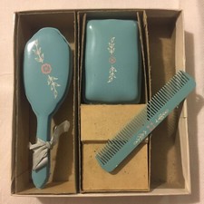 Vtg Antique Celluloid Layette Baby Blue Brush Comb Diaper Pin Container Set