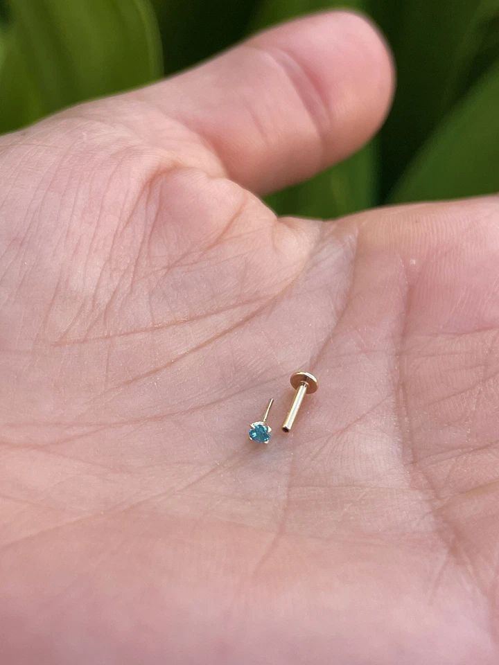 Anillo Tragus Labret de zafiro natural aguamarina oro 14K 18G empuje en la nariz Foto 2 de 4