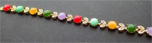 Genuine Multicolor Jade Cabochon Imitation Diamond Flower 18KGP Bangle Bracelet - Picture 6 of 8