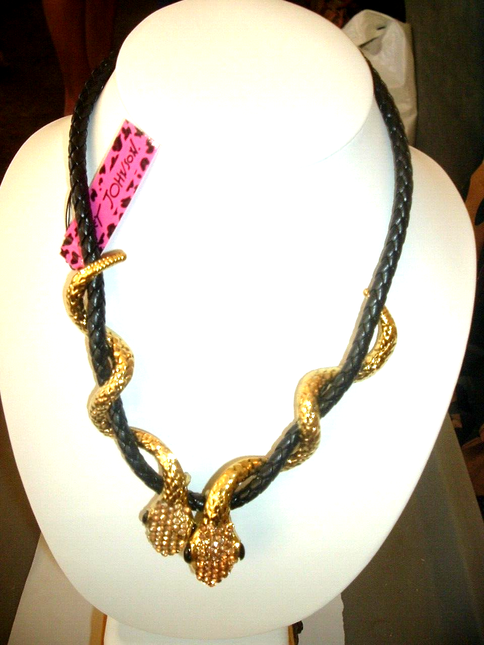 Betsey Johnson Pave Gold Crystals Double Snake Heads Black Rope Cord