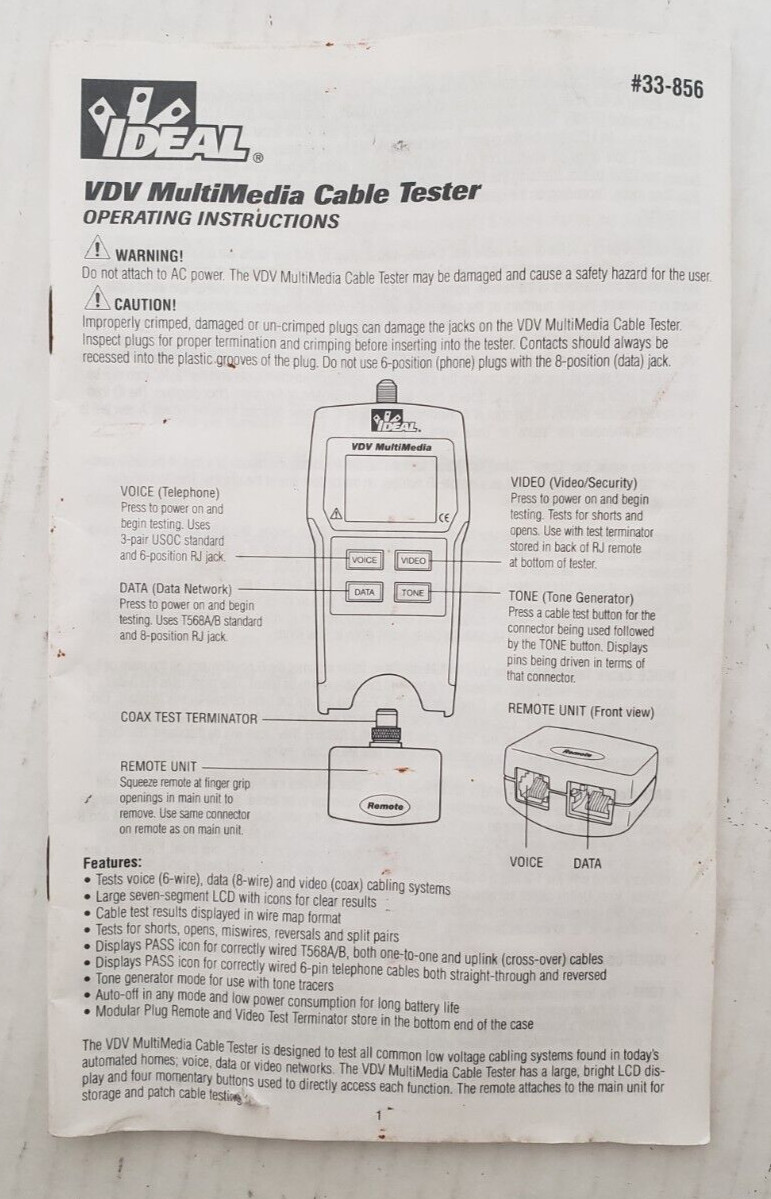 IDEAL 33-856 VDV Multimedia Voice, Data and Video Cable Tester and cords.