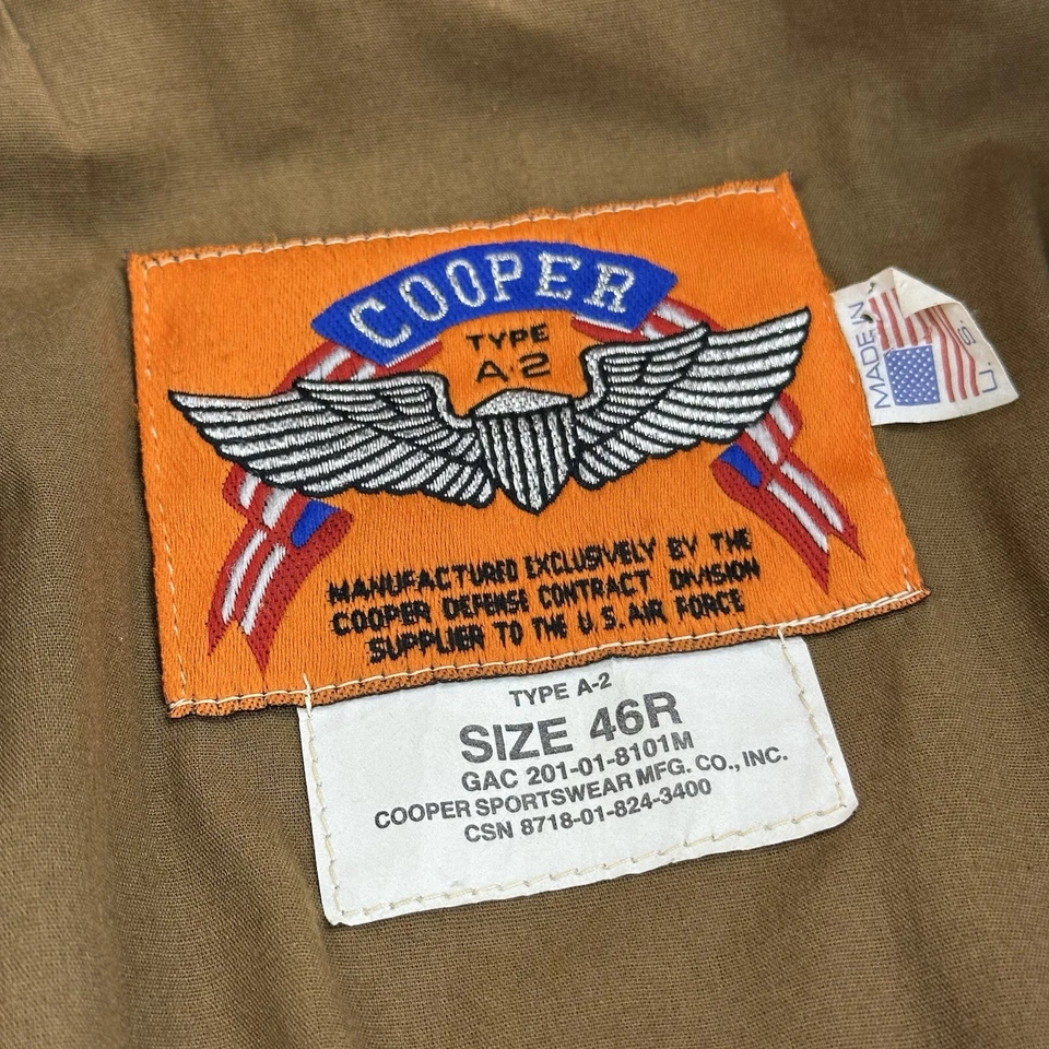 Cooper A-2 型美国空军棕色皮革轰炸机飞行员飞行夹克外套 46R 码 — 第 2/4 张图片