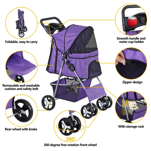 3/4-Wheels Pet Stroller Folding Dog Stroller w/ Safety Belt and Cup Holder - Picture 71 of 87