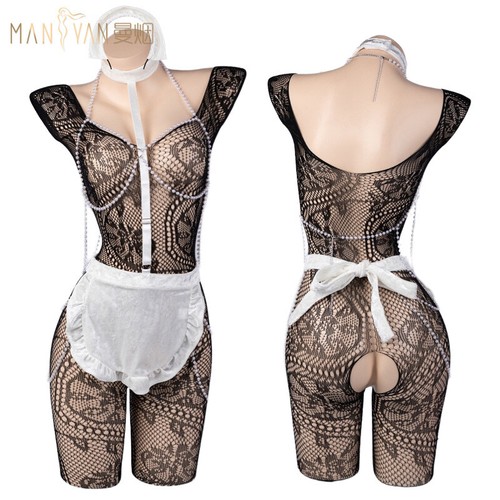 Lencería Sexy Femenina Halter Jacquard Una Pieza Perla Traje de Mucama - Imagen 5 de 17