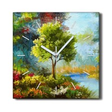 Image of Silent Wall Clock Canvas 30x30 Painting Abstract Flowers Forest Trees Nature
