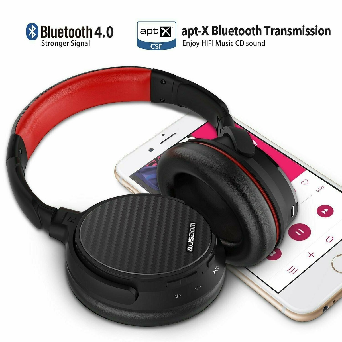 ヘッドホン AUSDOMワイヤレス anc7 ブラック レッド AUSDOM ANC7 Active Noise Cancelling Wireless Headphones w