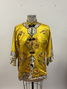 Antique Asian Chinese Silk Embroidered Robe Jacket Textile yellow Floral As is