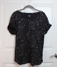 a.n.a. A New Approach Black Jersey Knit Short Slv T-Shirt Gold Paint Splatter LG