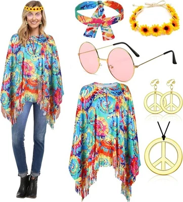 Hippie Kostüm Damen Poncho Set mit Hippie Accessoires 60er 70er Jahre Bekleidung