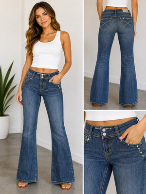 REVOLT Med Wash Fade Denim Low Rise Boot Cut Logo Tag Stretch Jeans Jrs SZ 11