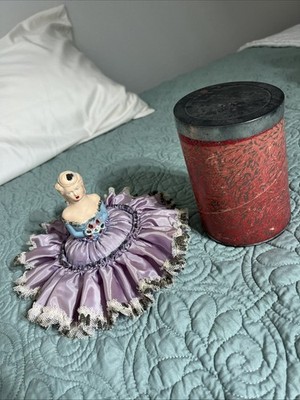 Vintage 1920S Chalk Wear Half Doll Pin Cushion, Boudoir Art, purple Dress W/ Box