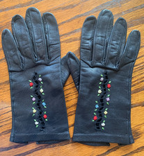 VTG Black Leather Kid Gloves Cut Out Embroidery Handstitched Flowers Soft