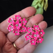 Fashion Pink Enameled Gold Tone Glass Rhinestones Flowers Pierced Dangle Earring