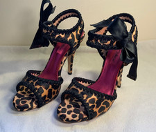 Betsey Johnson Heels Sandal Leopard Animal Print Silk Bow Coquette Sz 7 Y2K Vtg
