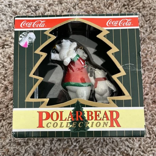 1996 Coca-Cola Polar Bear Collection Ornament Vintage Dad Son Baby in Box