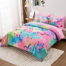 Butterfly Comforter Set Twin Size 6 Piece Bed in A Bag Colorful Flowers Leave...